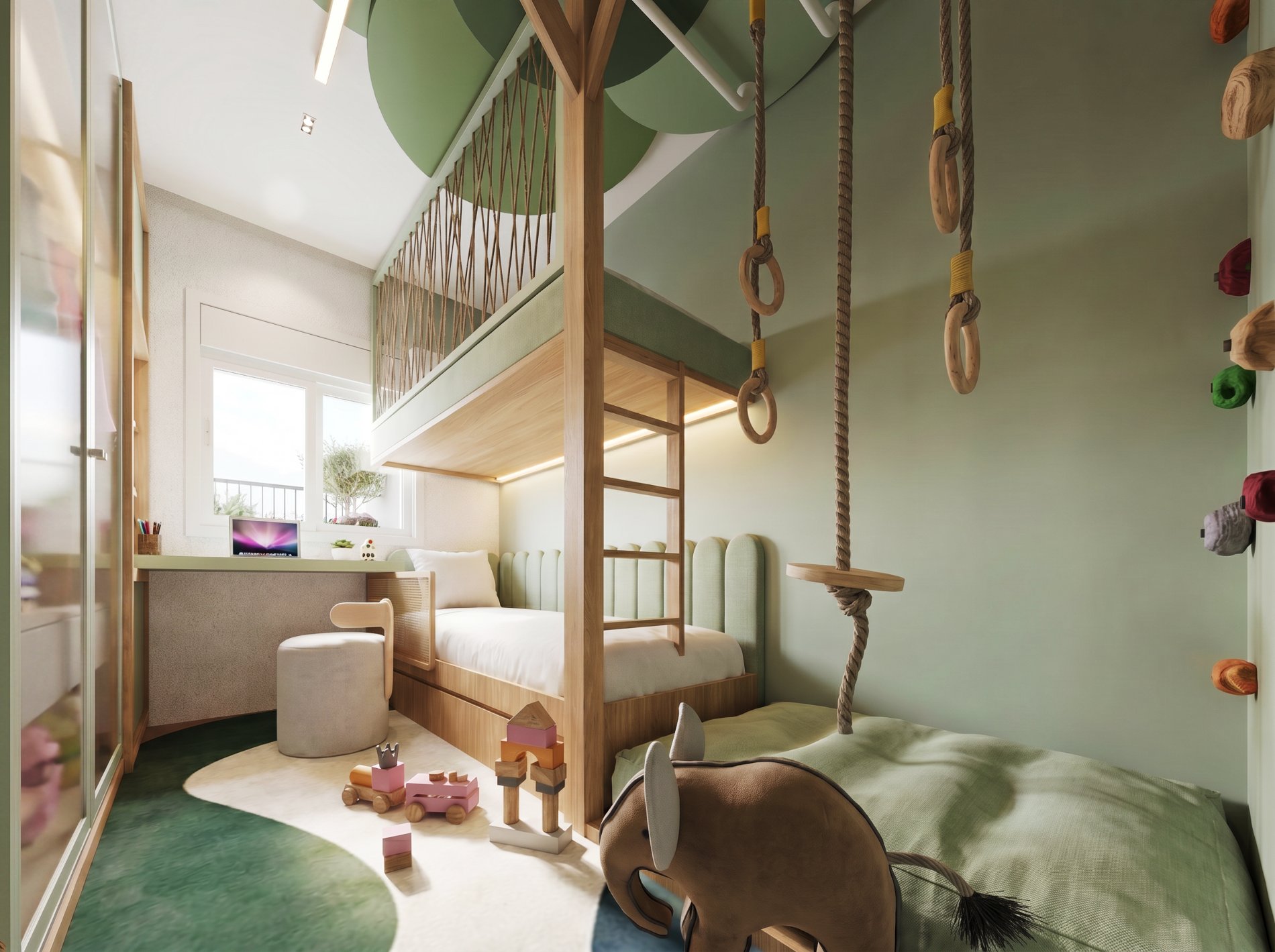 Quarto infantil com cama-casinha suspensa, cordas e parede de escalada