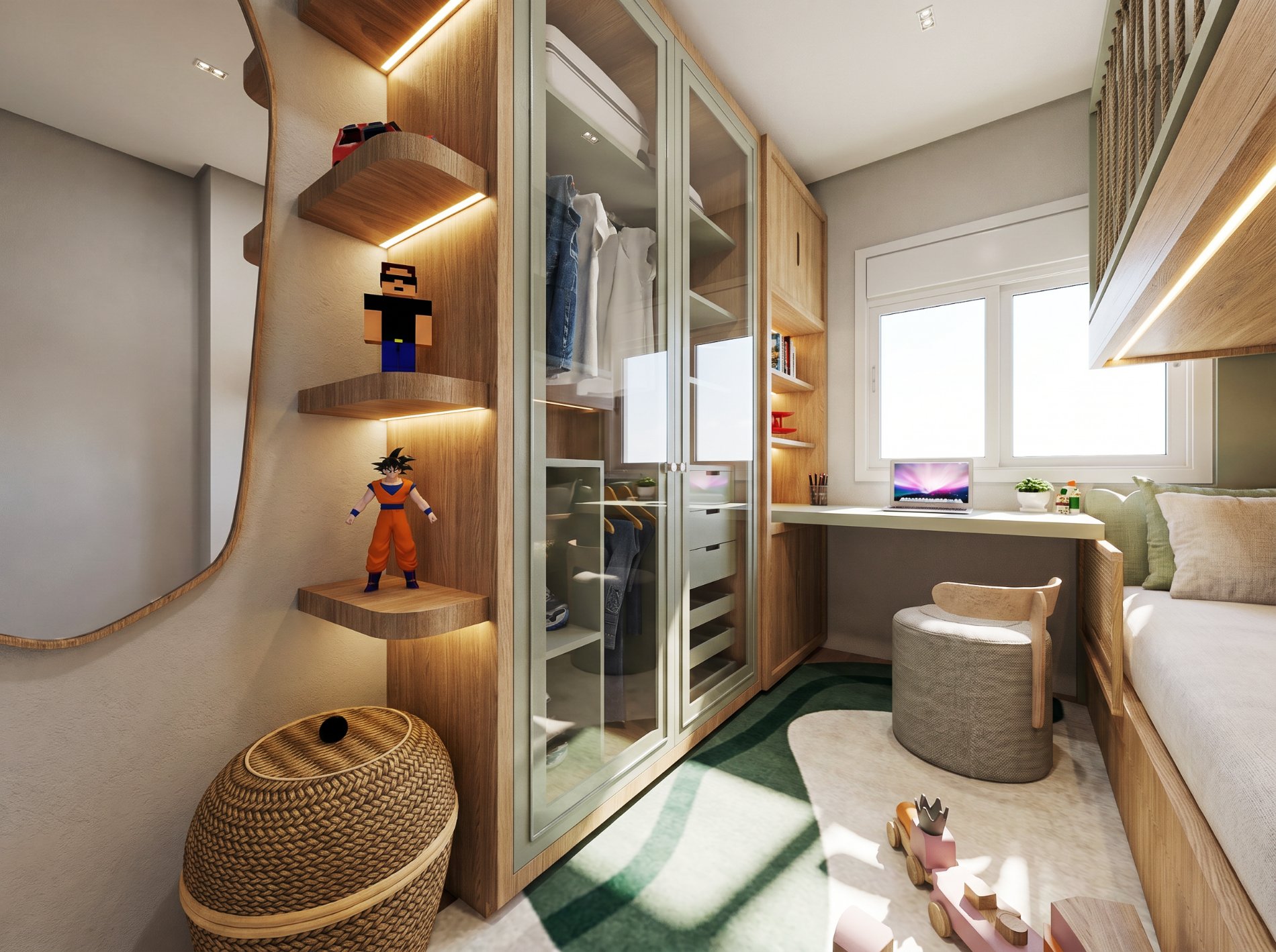 Quarto infantil com armário de vidro canelado, bancada de estudos e nichos iluminados