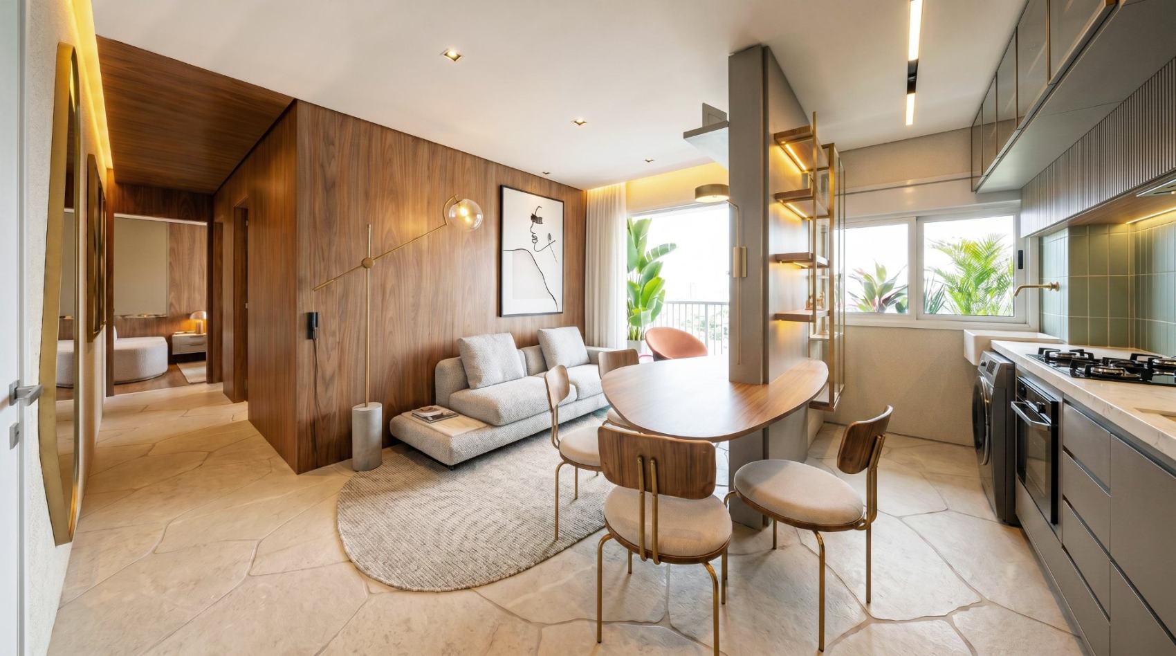 Living do decorado Varandas II com painel de nogueira, mesa oval e cozinha integrada