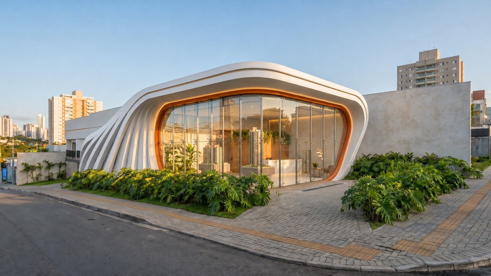 Central de Vendas ChainCorp com volume orgânico branco e vitrine curva iluminada