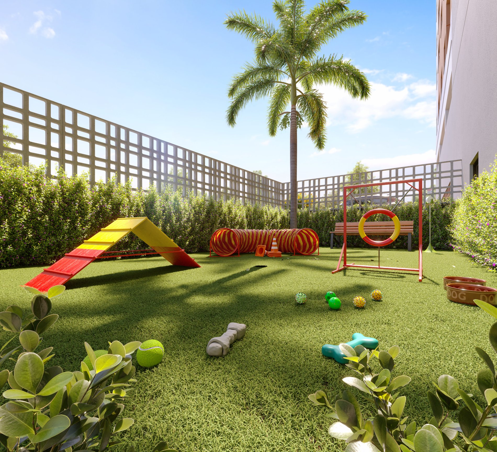 Pet place com grama, circuito de agility e cerca vegetada