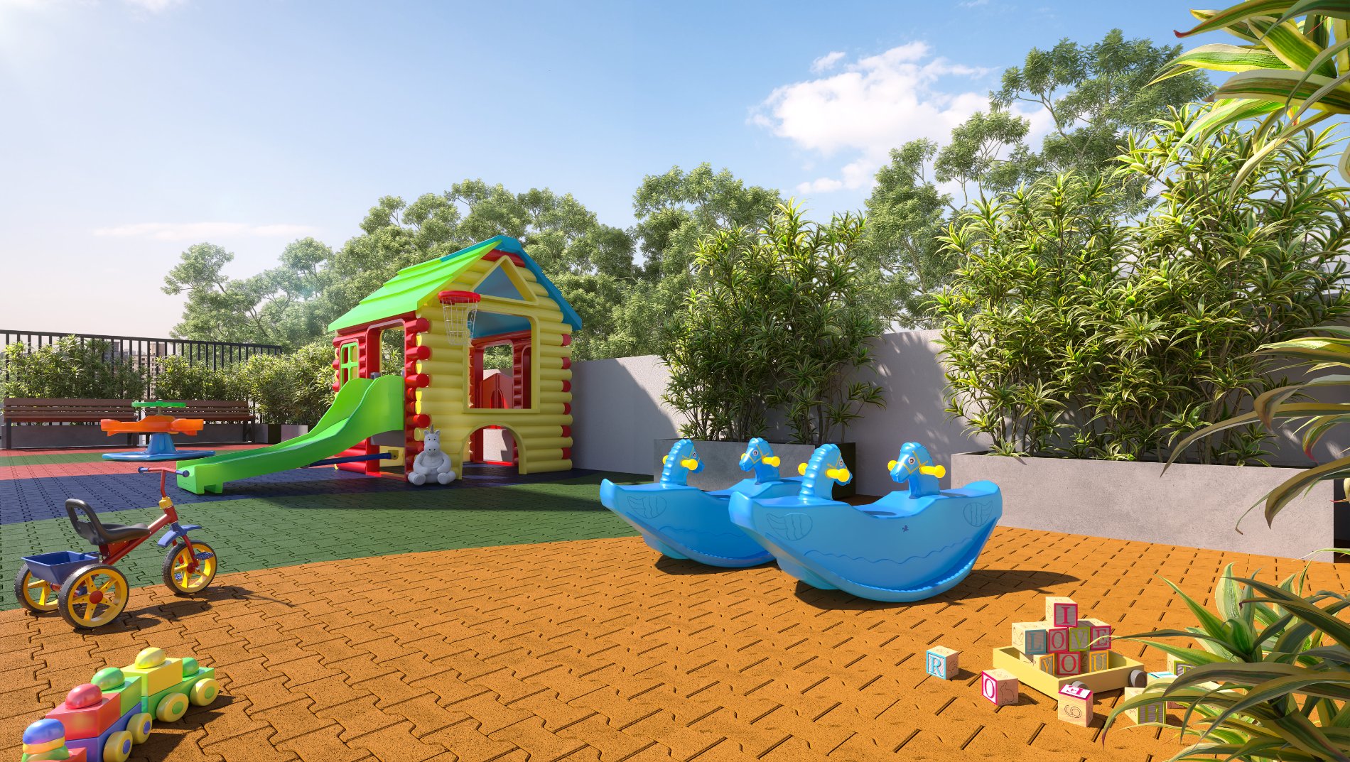 Playground com casinha, gangorras e vegetação em canteiros