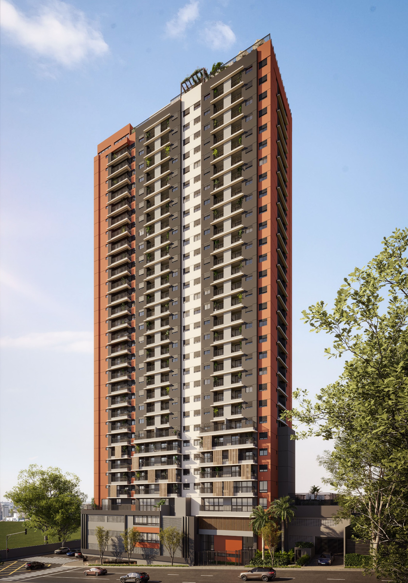 Fachada da torre em volumes terracota