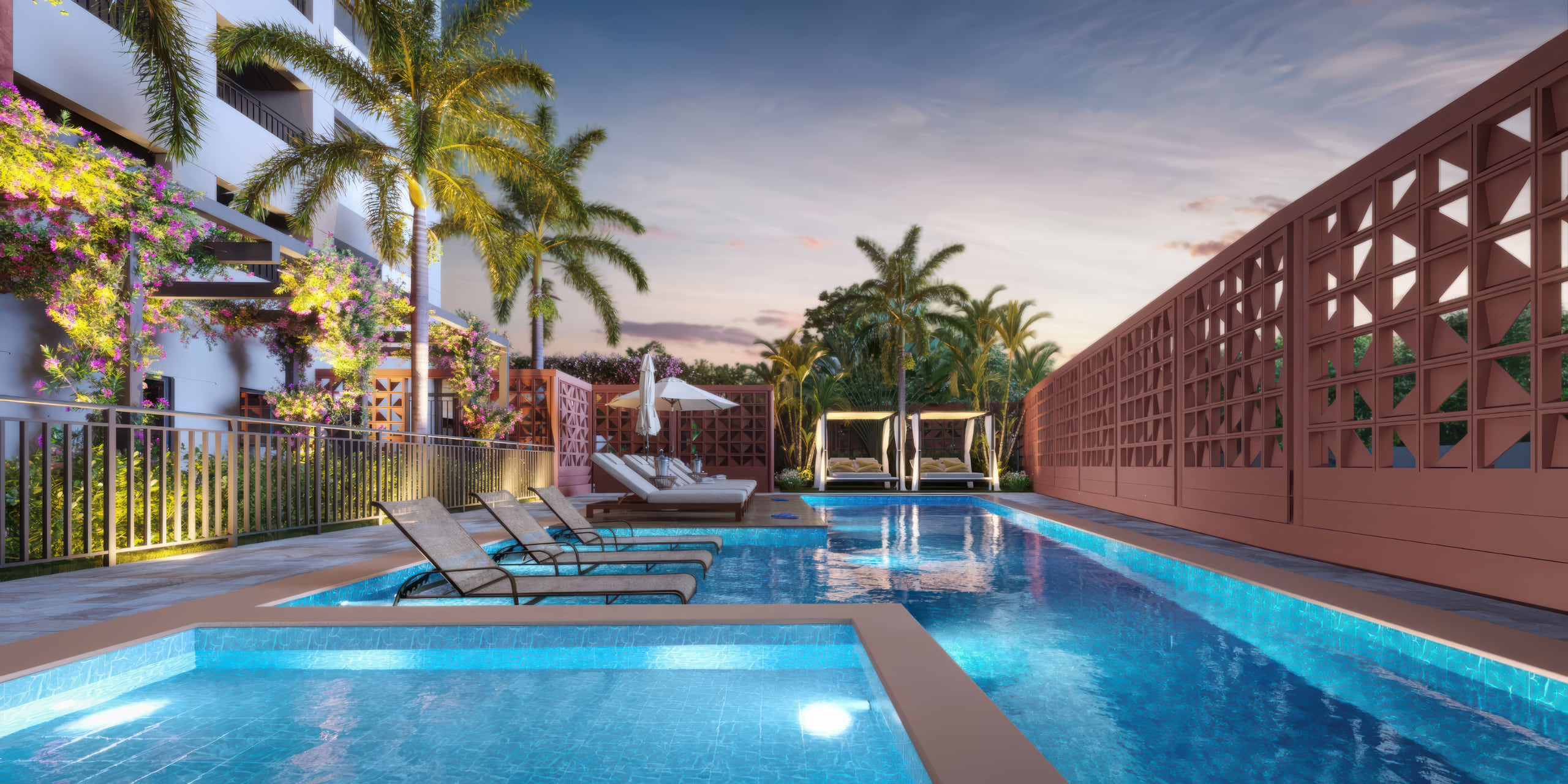 Piscinas entre cobogós terracota e vegetação no térreo do MOVE Tucuruvi