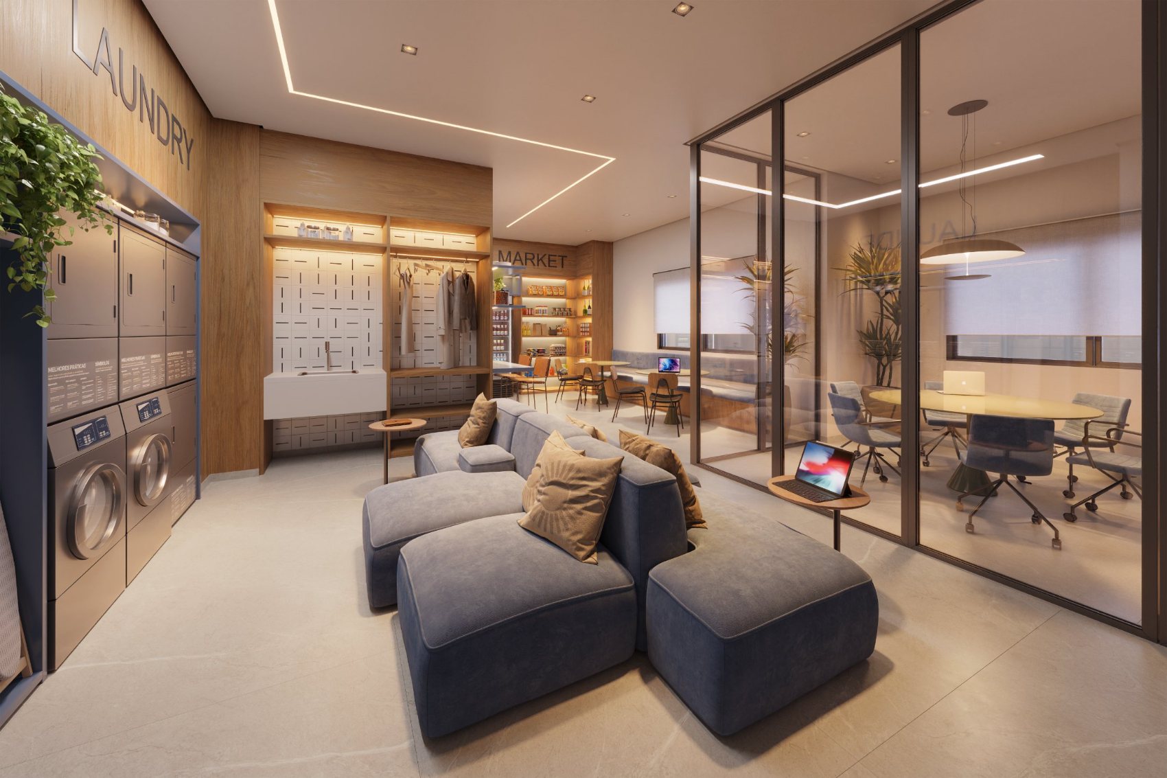 Coworking, lounge e market do Livigno em marcenaria clara com iluminação linear