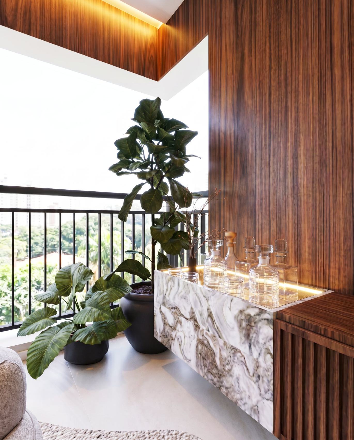 Bar de mármore na varanda, com vegetação e vista para o parque