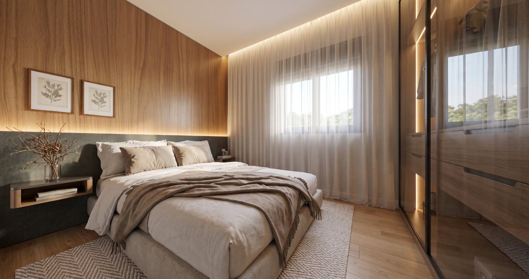 Quarto master com painel de madeira e iluminação indireta