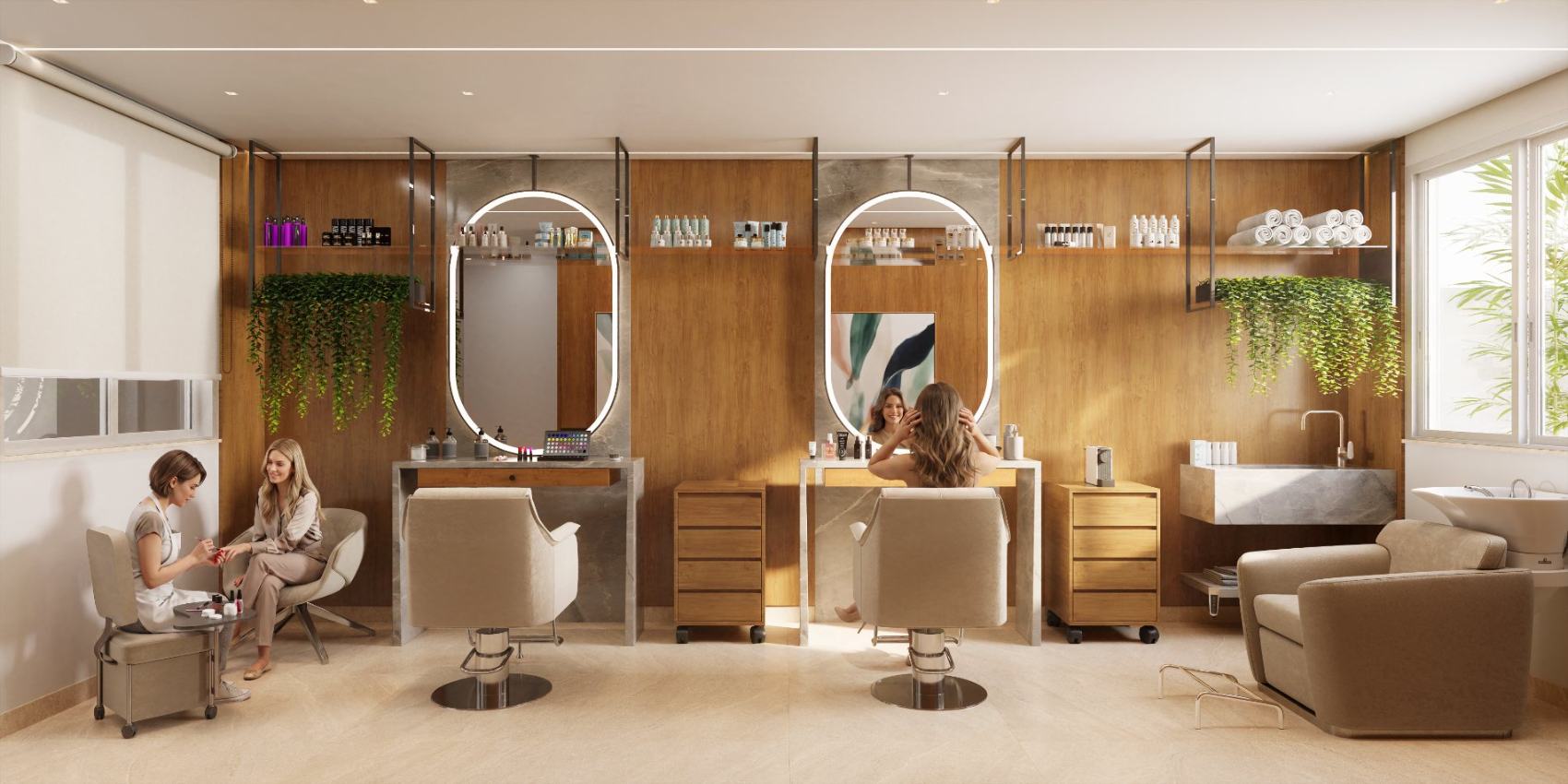 Espaço beauty com espelhos oval iluminados e marcenaria em madeira