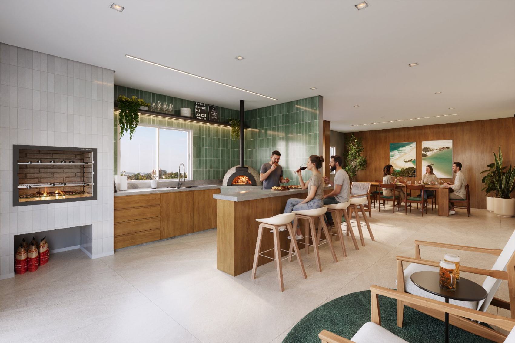 Gourmet externo com bancada em travertino e churrasqueira