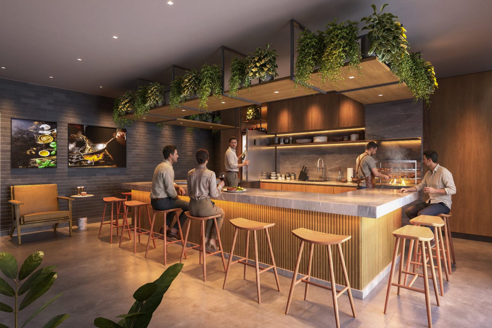 Espaço gourmet com forno a lenha, churrasqueira e azulejo verde