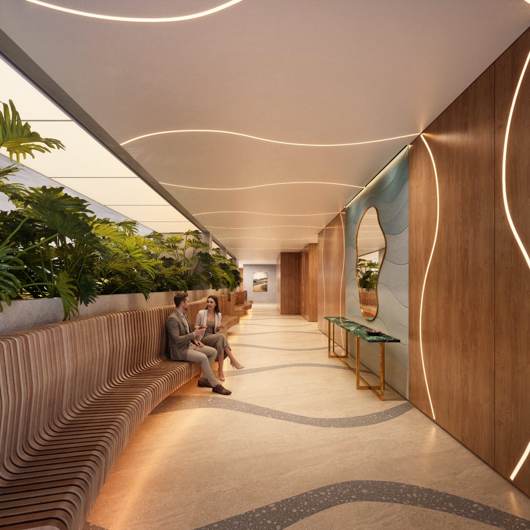 Hall social com banco ondulado em madeira, jardim interno e iluminação sinuosa