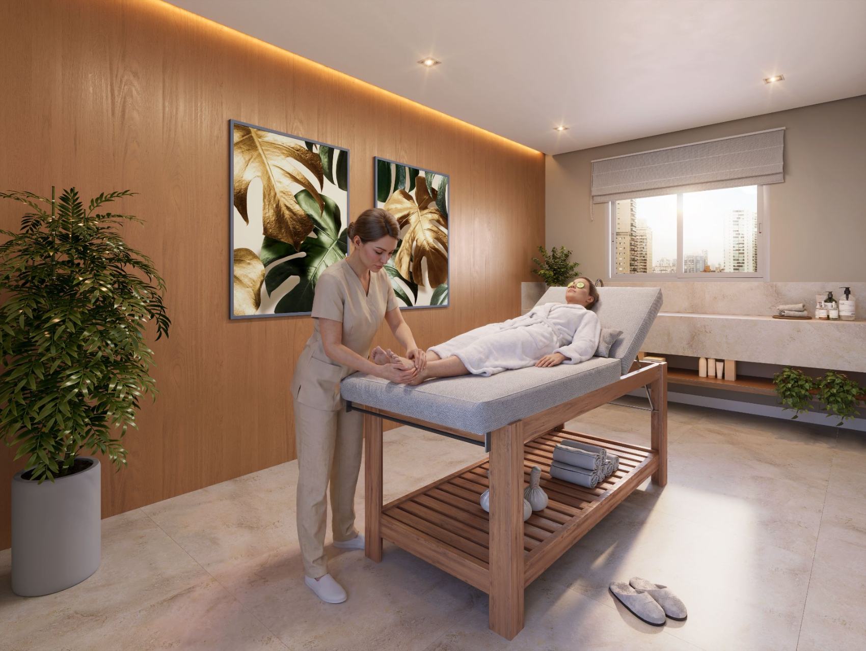 Sala de massagem com painel de madeira e vista da cidade