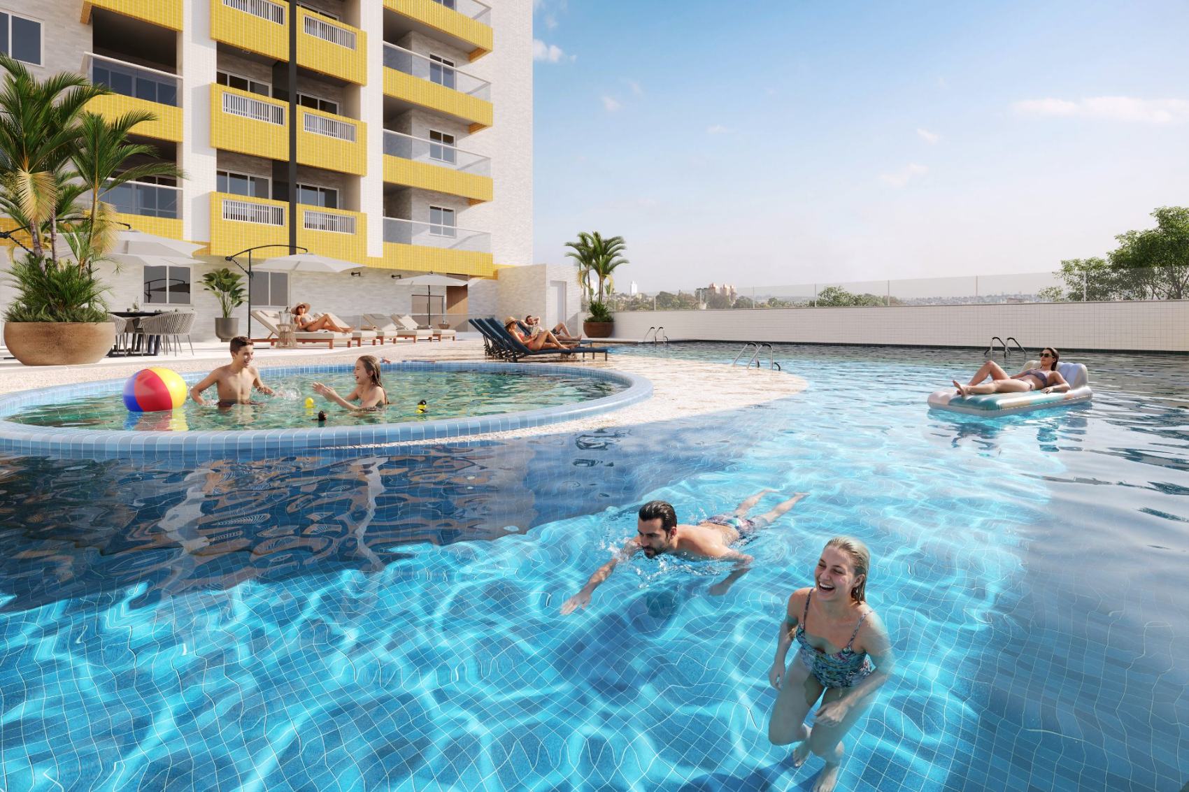 Piscina com prainha, solário e vista da cidade