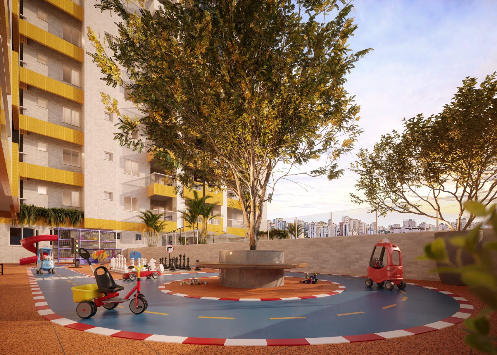 Playground com pista de carrinhos ao redor da árvore central