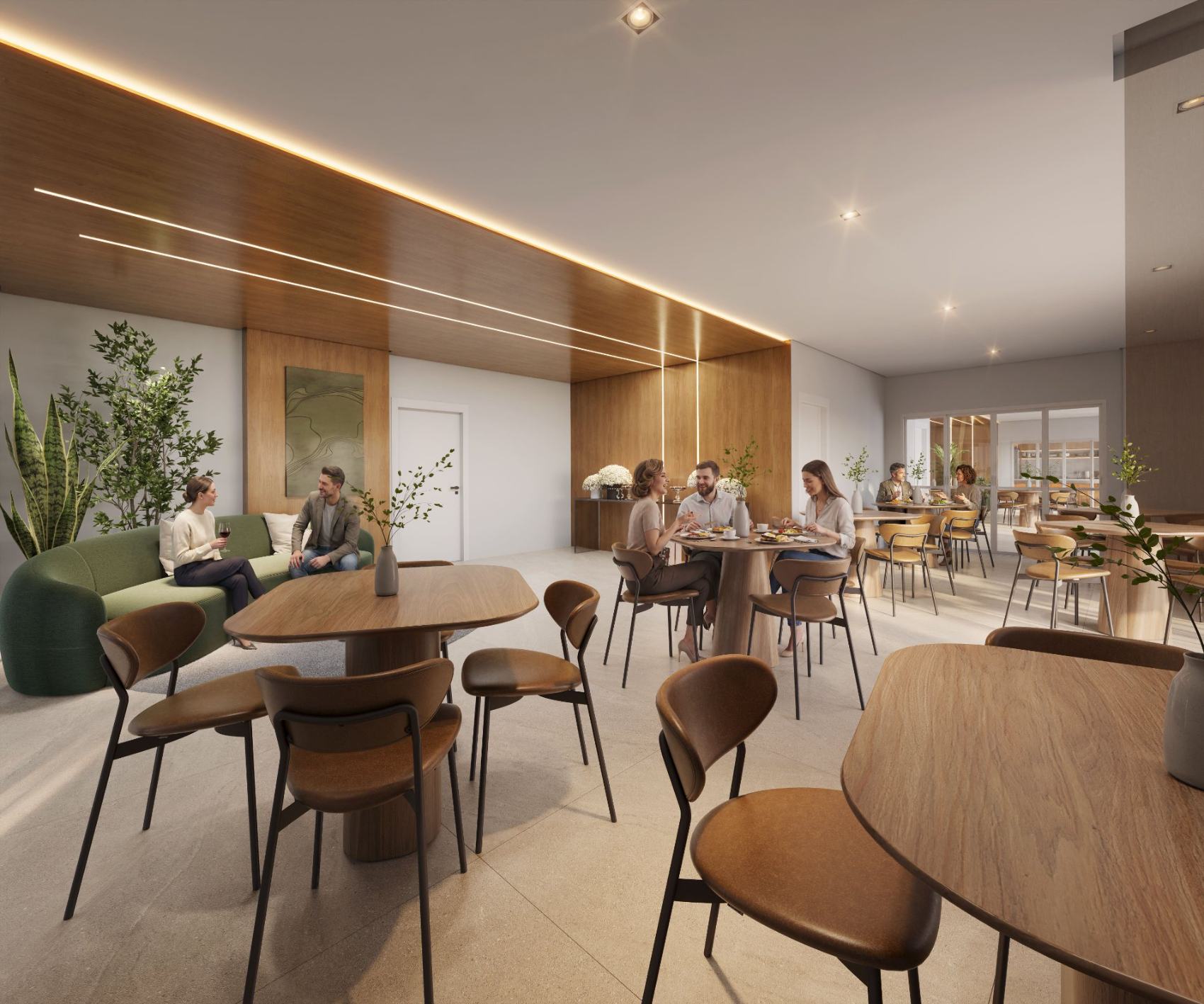 Salão de festas com marcenaria em madeira e lounge integrado