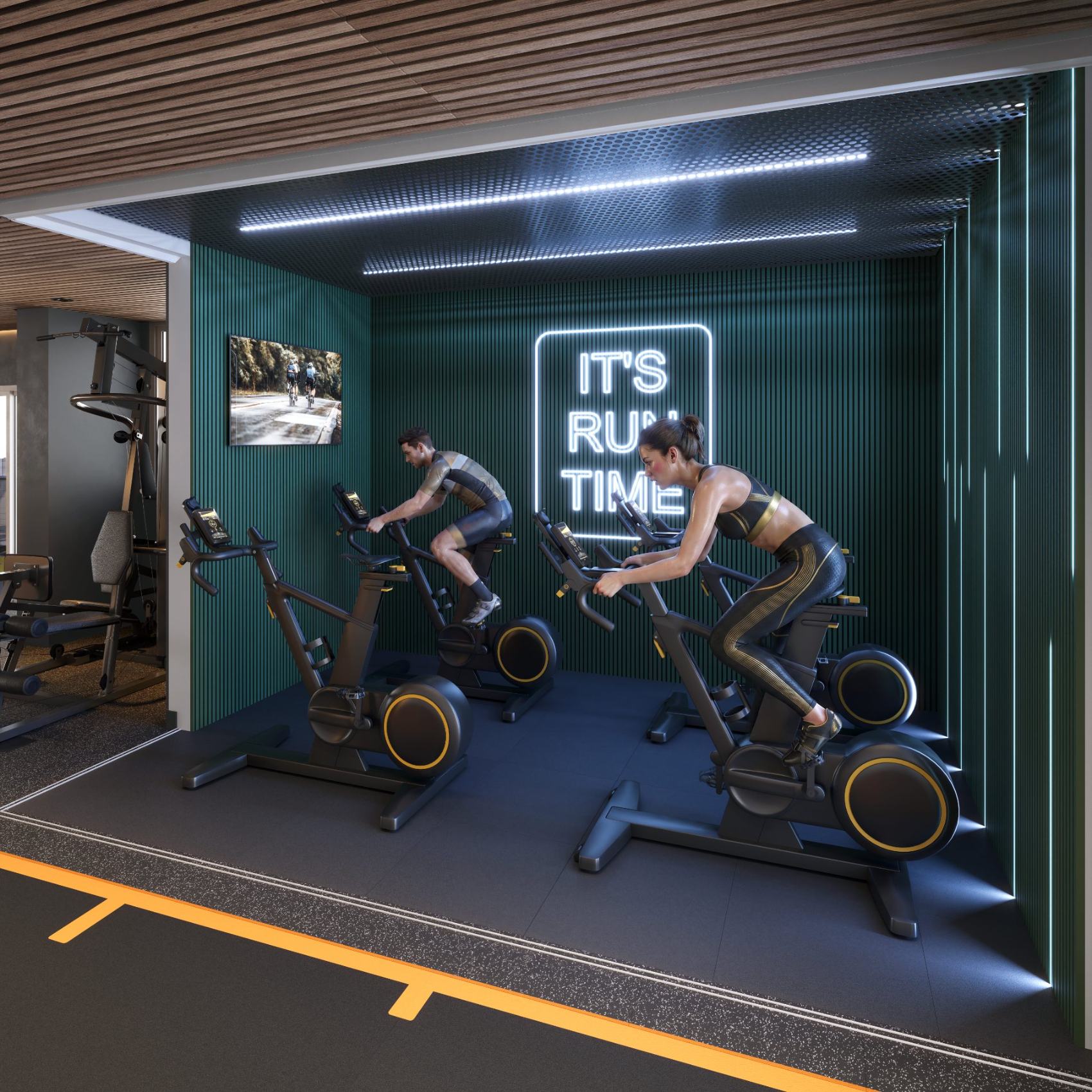 Sala de spinning com painel ripado verde e neon
