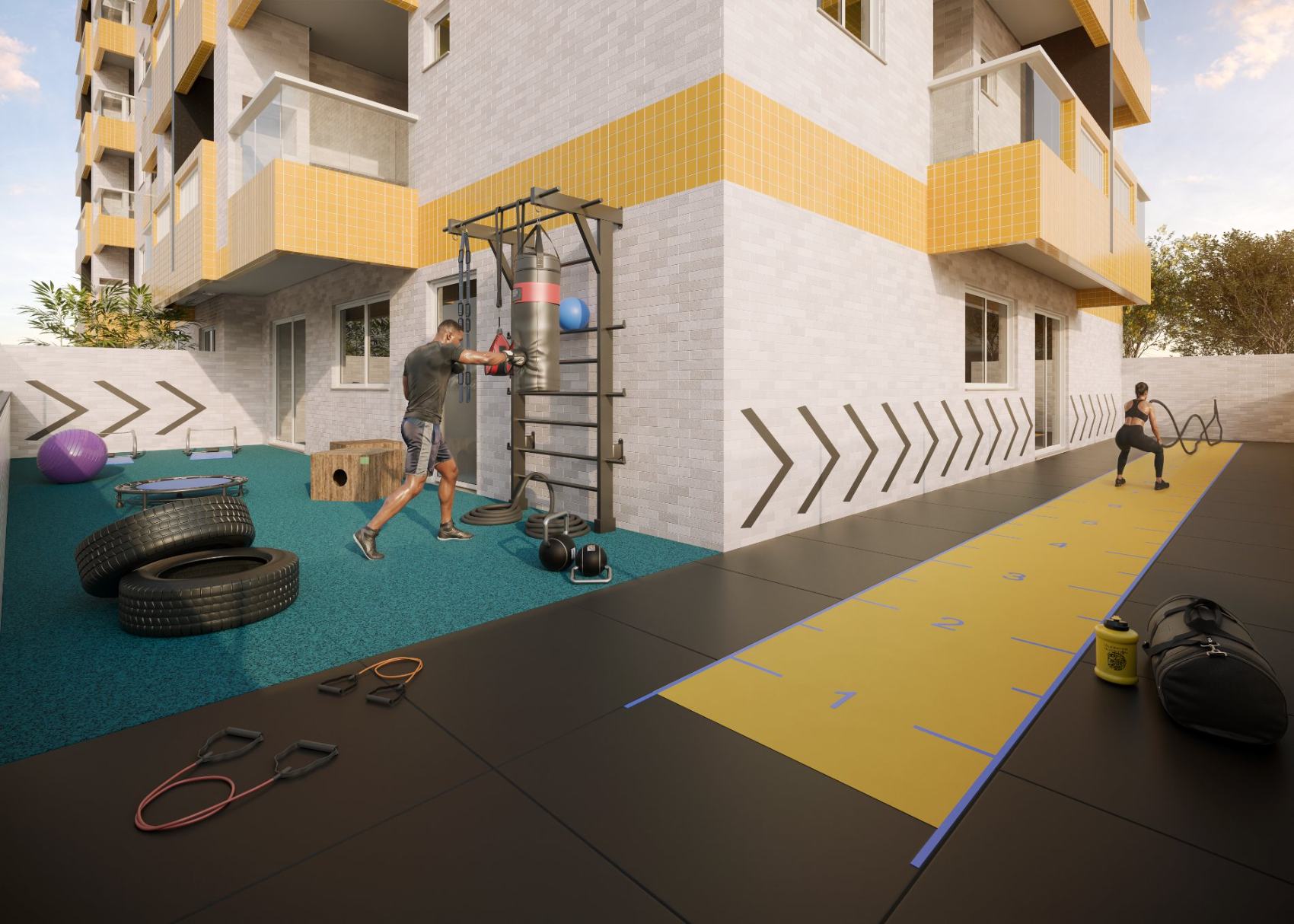 Terraço fit ao ar livre com pista e equipamentos de treino