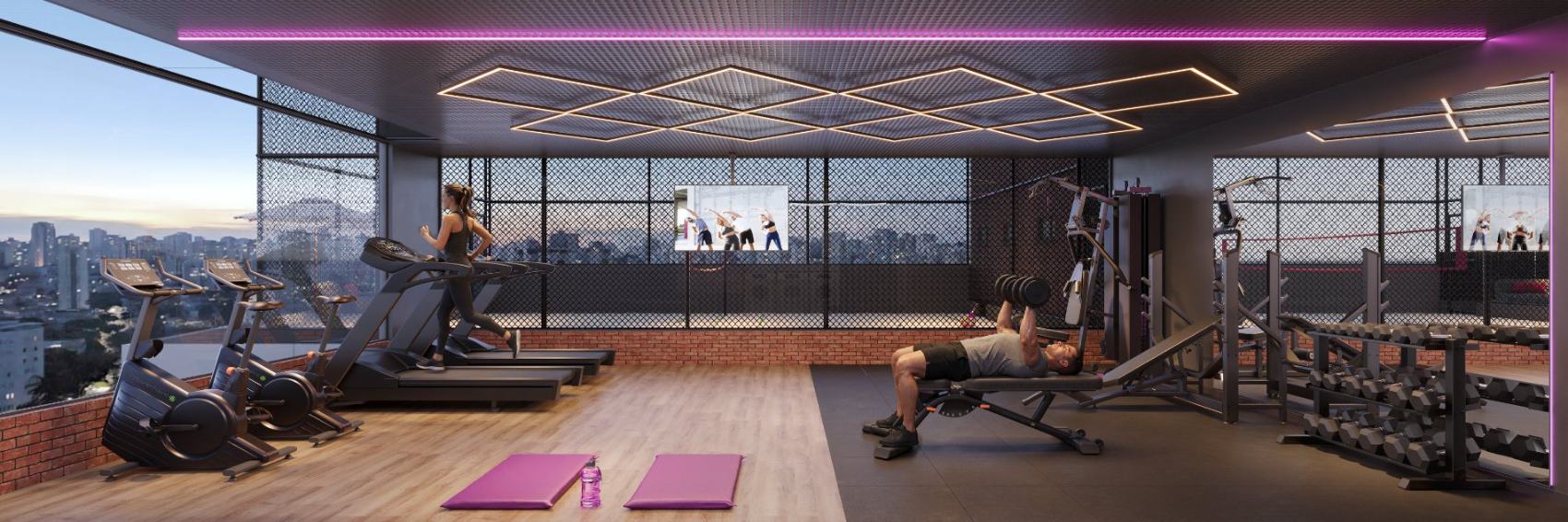 Academia com vista panorâmica e iluminação linear