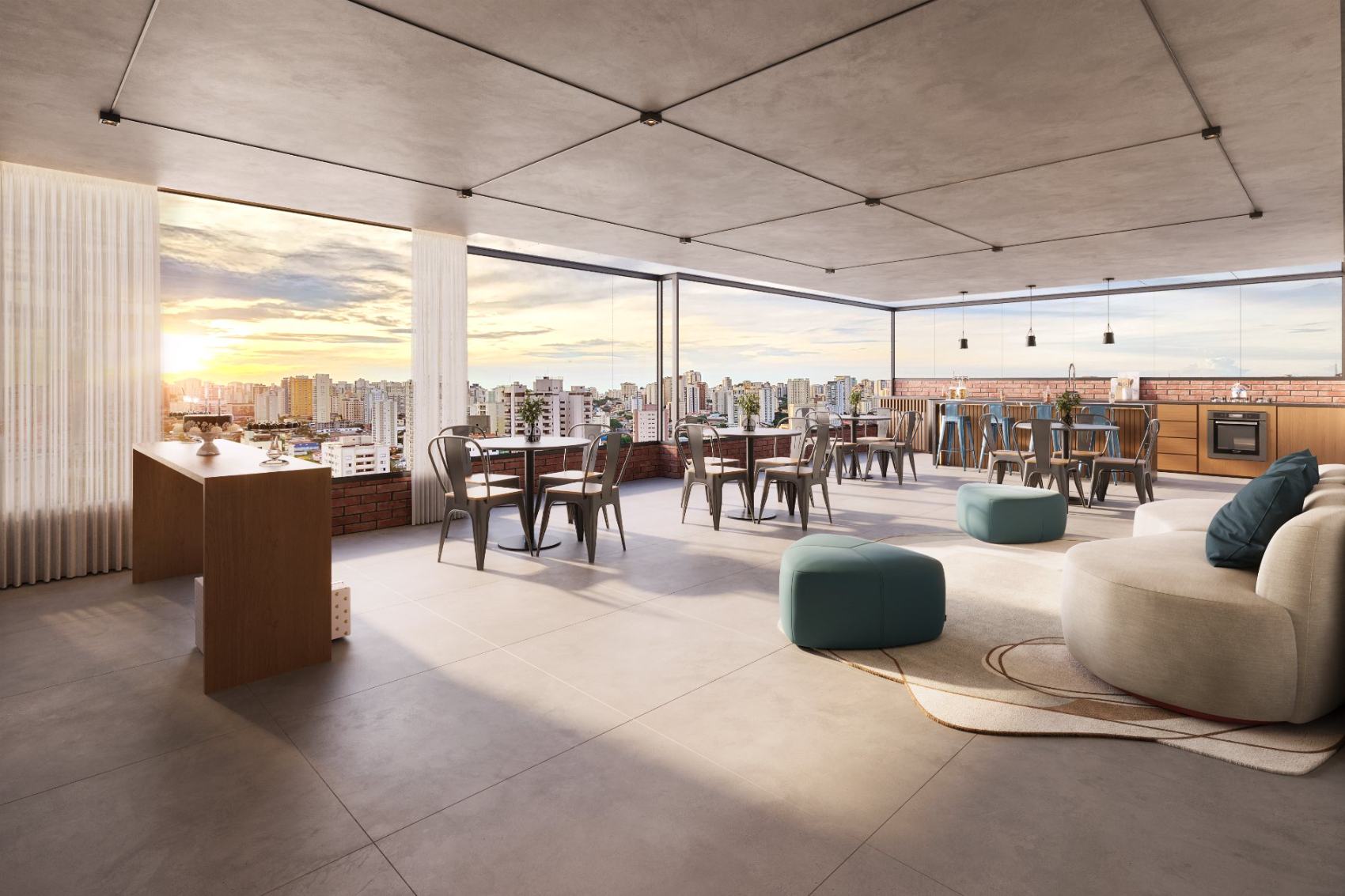 Salão gourmet do rooftop com vista da cidade ao pôr do sol