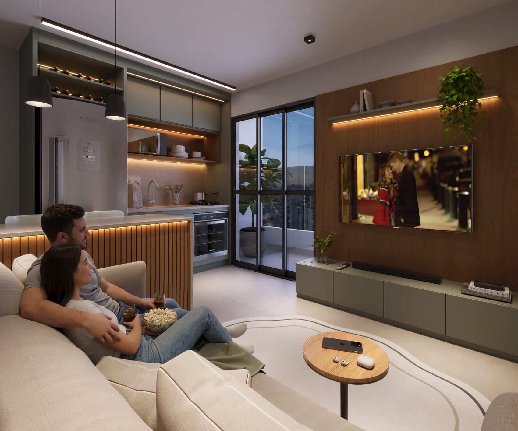 Living do apartamento tipo com painel de madeira e cozinha integrada