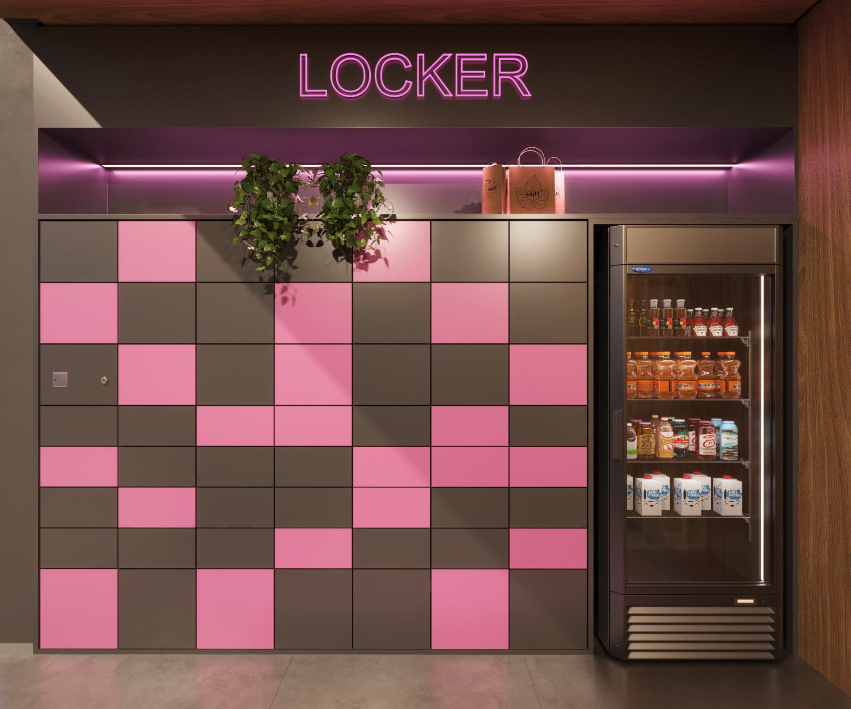 Locker de encomendas com painel rosa e geladeira de conveniência