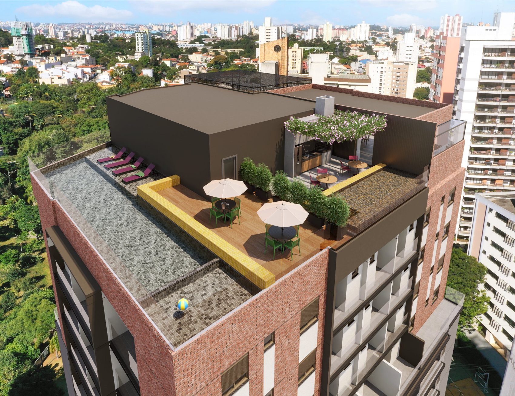 Rooftop visto do alto, com piscina e deck