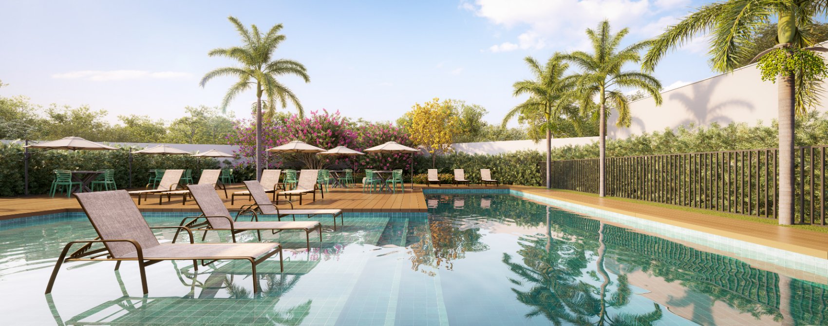 Render 3D de piscina com deck de madeira, espreguiçadeiras e paisagismo tropical