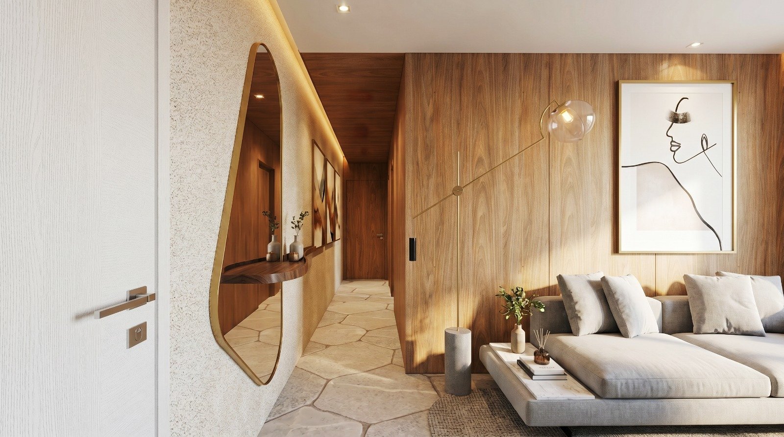 Hall íntimo em madeira com espelho orgânico, piso de pedra e luz quente