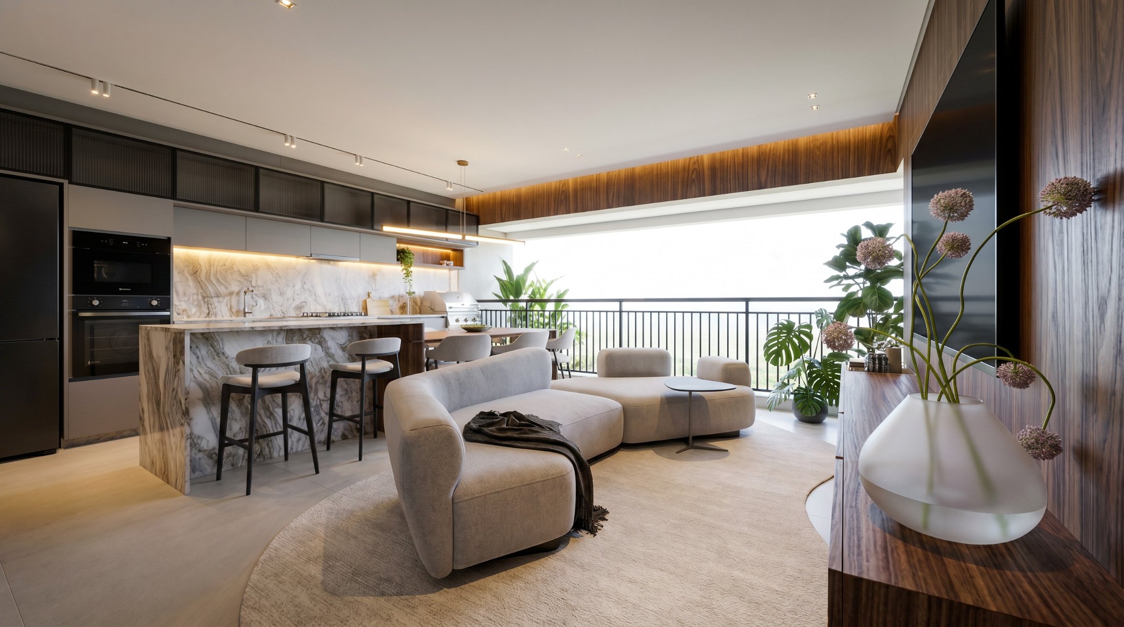 Living integrado com ilha em mármore, marcenaria em nogueira e varanda gourmet